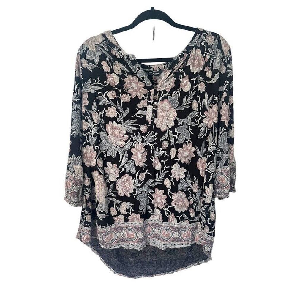 Lucky Brand Size 1X Peasant Blouse Top Black Floral Split Neck 3/4 Sleeve Flowy